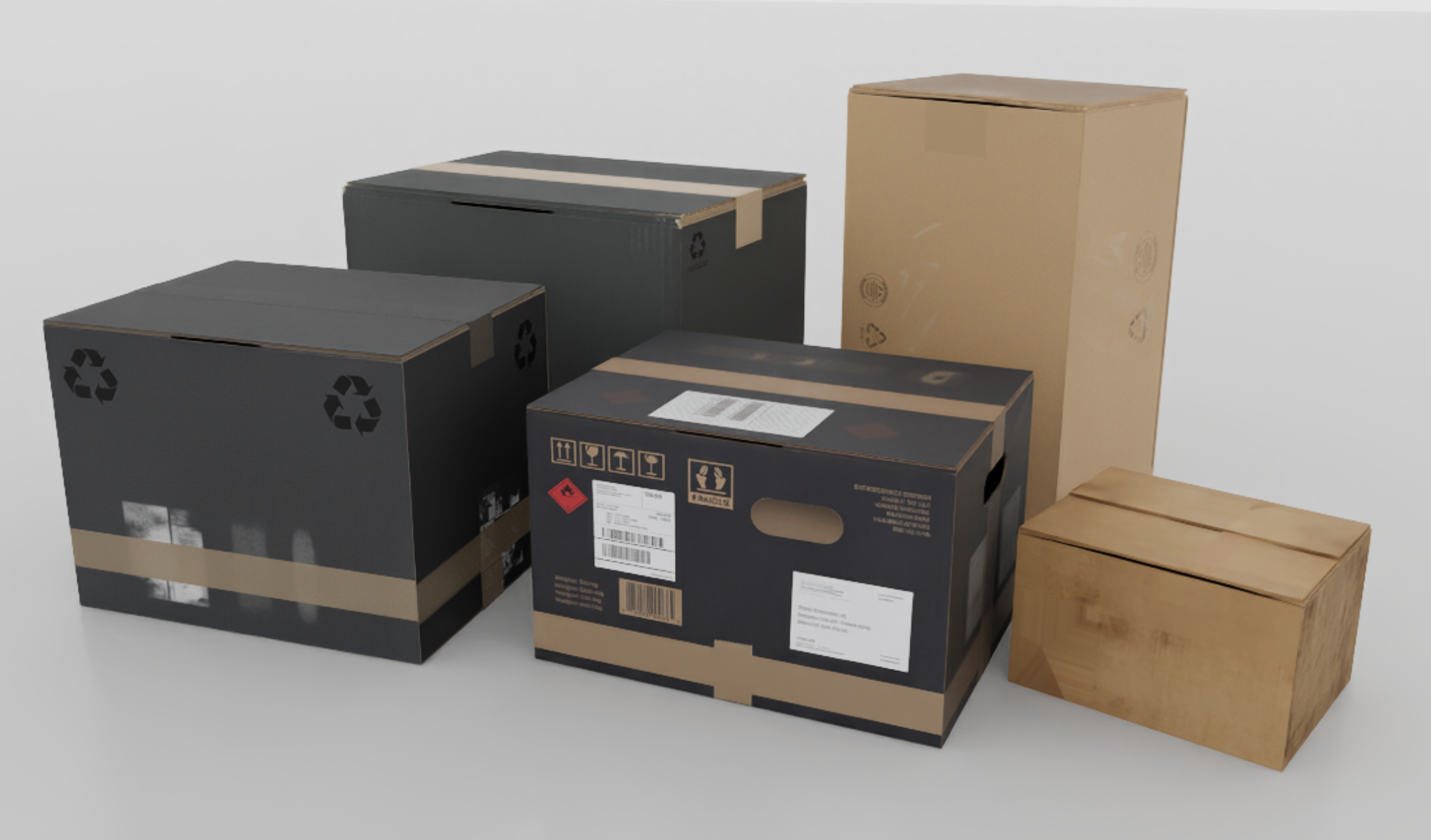 Procedural shipping boxes with different proportions, handles, and surface finishes