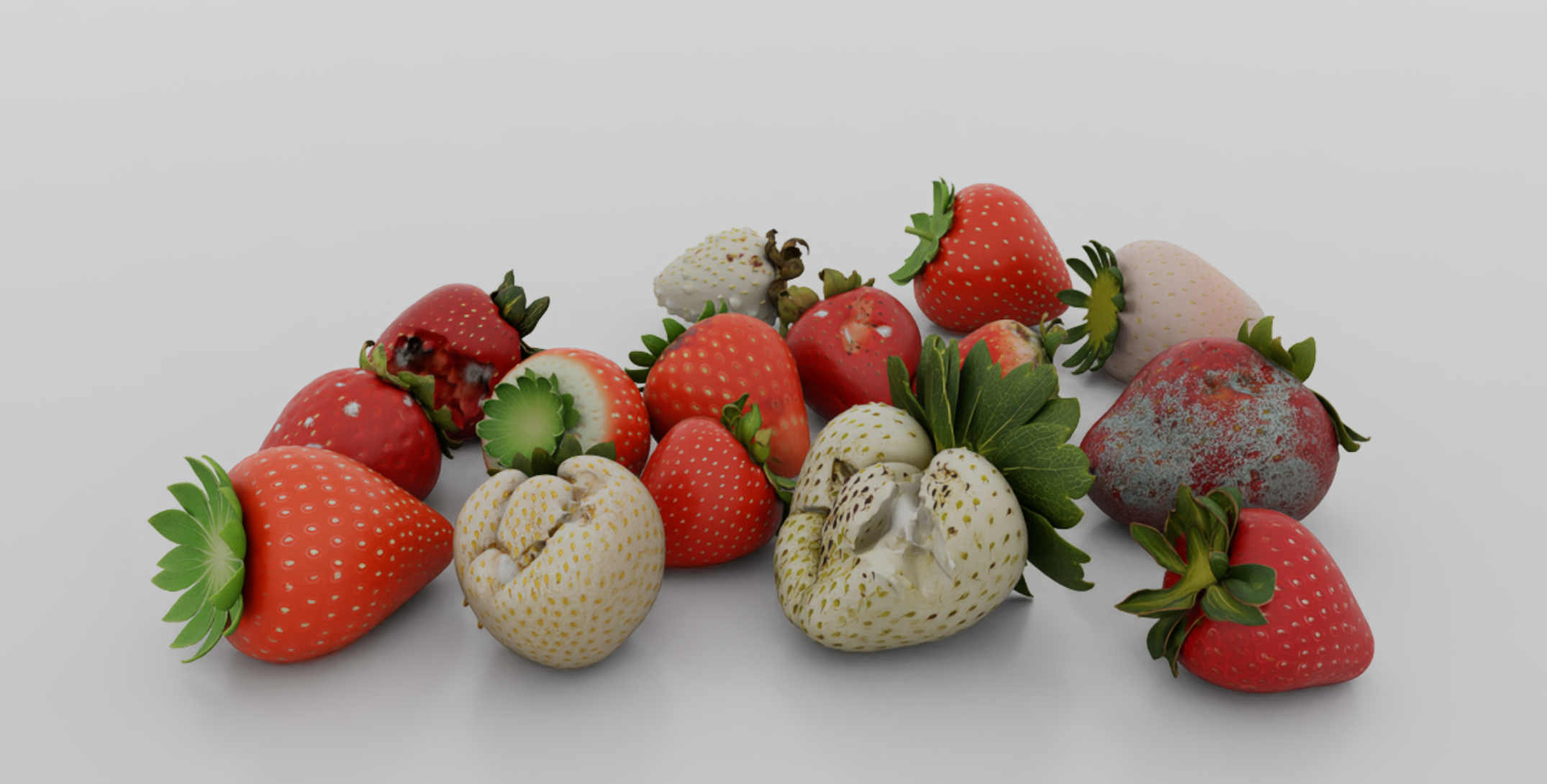 High-fidelity strawberries with differences in ripeness, surface damage, and decay