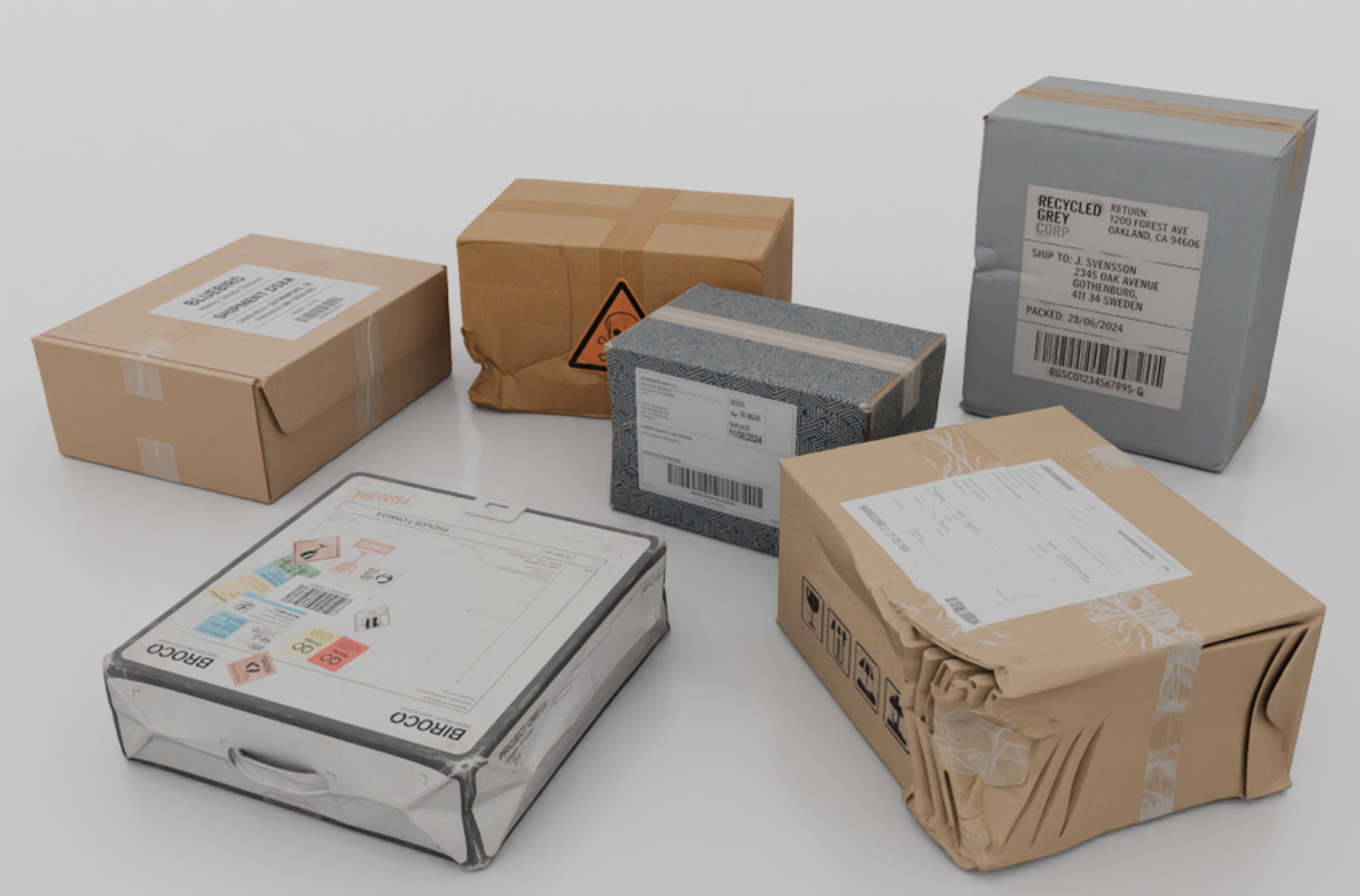 High-fidelity parcels with creased surfaces, crushed corners, and different packaging details