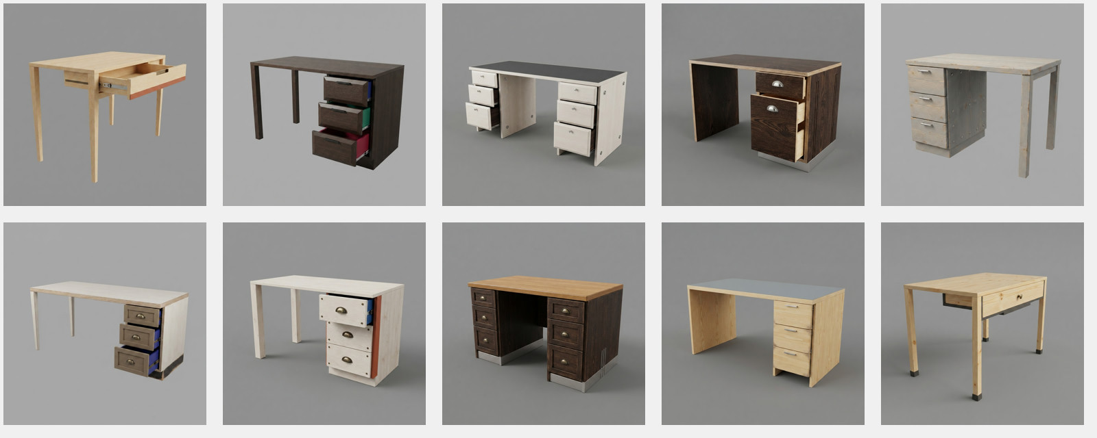 Ten articulated desk variants with different dimensions, materials, and drawer configurations, including open drawers
