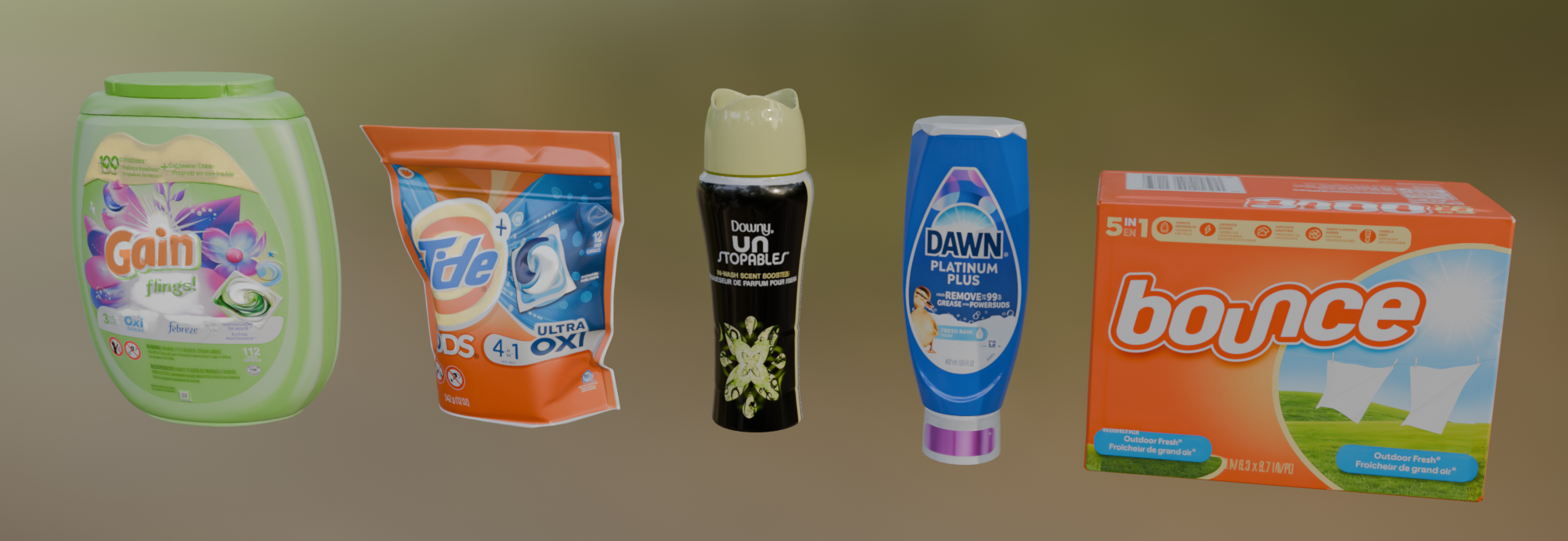 Five reconstructed household products in different container and packaging shapes